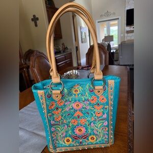 Embroidered Floral Tote Bag - Turquoise and Tan